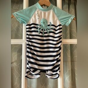 Gymboree size 12-18 Octopus Aqua & Navy Striped Kids Zip-Back Shortall Swimwear